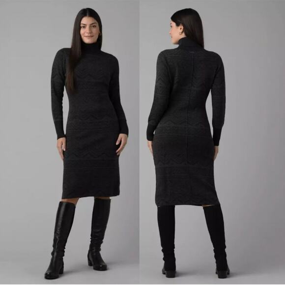 Prana South Rock Charcoal Patterned Knit Turtleneck Midi Sweater Dress - Picture 1 of 8